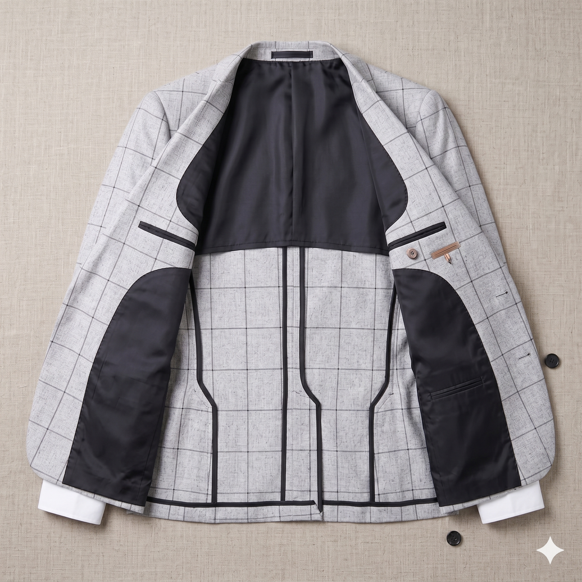 Gray checkered jacket with black accents on a beige textured background
