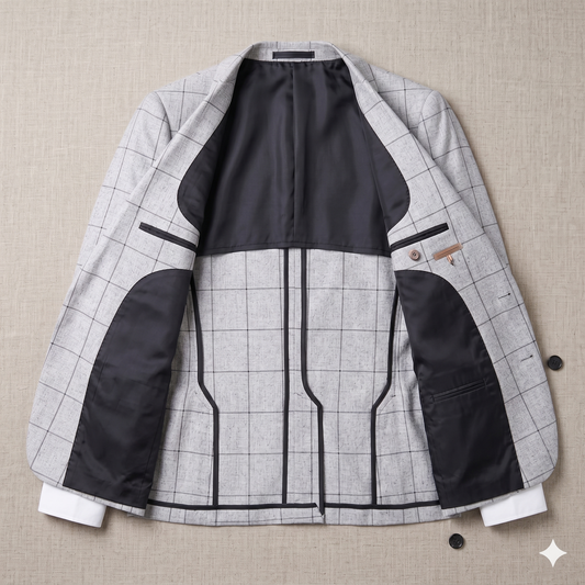 Gray checkered jacket with black accents on a beige textured background