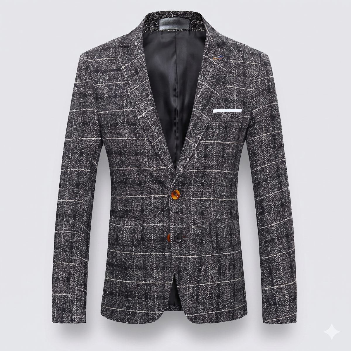 Gray checkered blazer with a single button on a light gray background