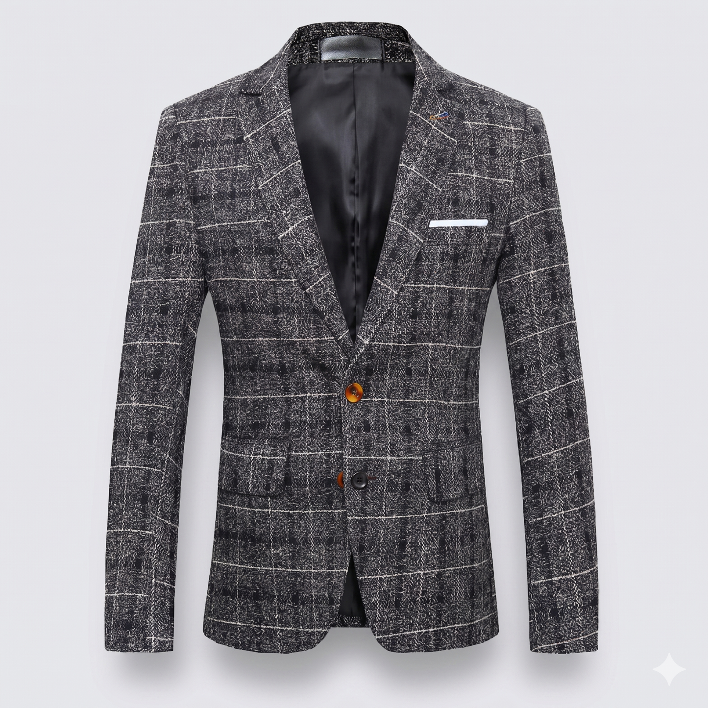Gray checkered blazer with a single button on a light gray background