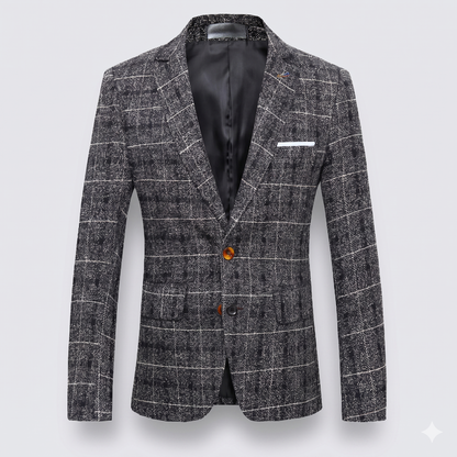 Gray checkered blazer with a single button on a light gray background