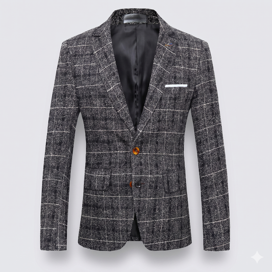 Gray checkered blazer with a single button on a light gray background
