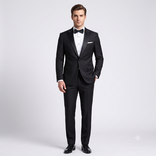 Man wearing a black tuxedo with a white shirt and black bow tie on a light gray background