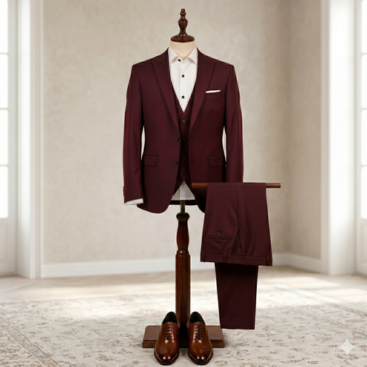 Maroon suit on a mannequin against a neutral wall.