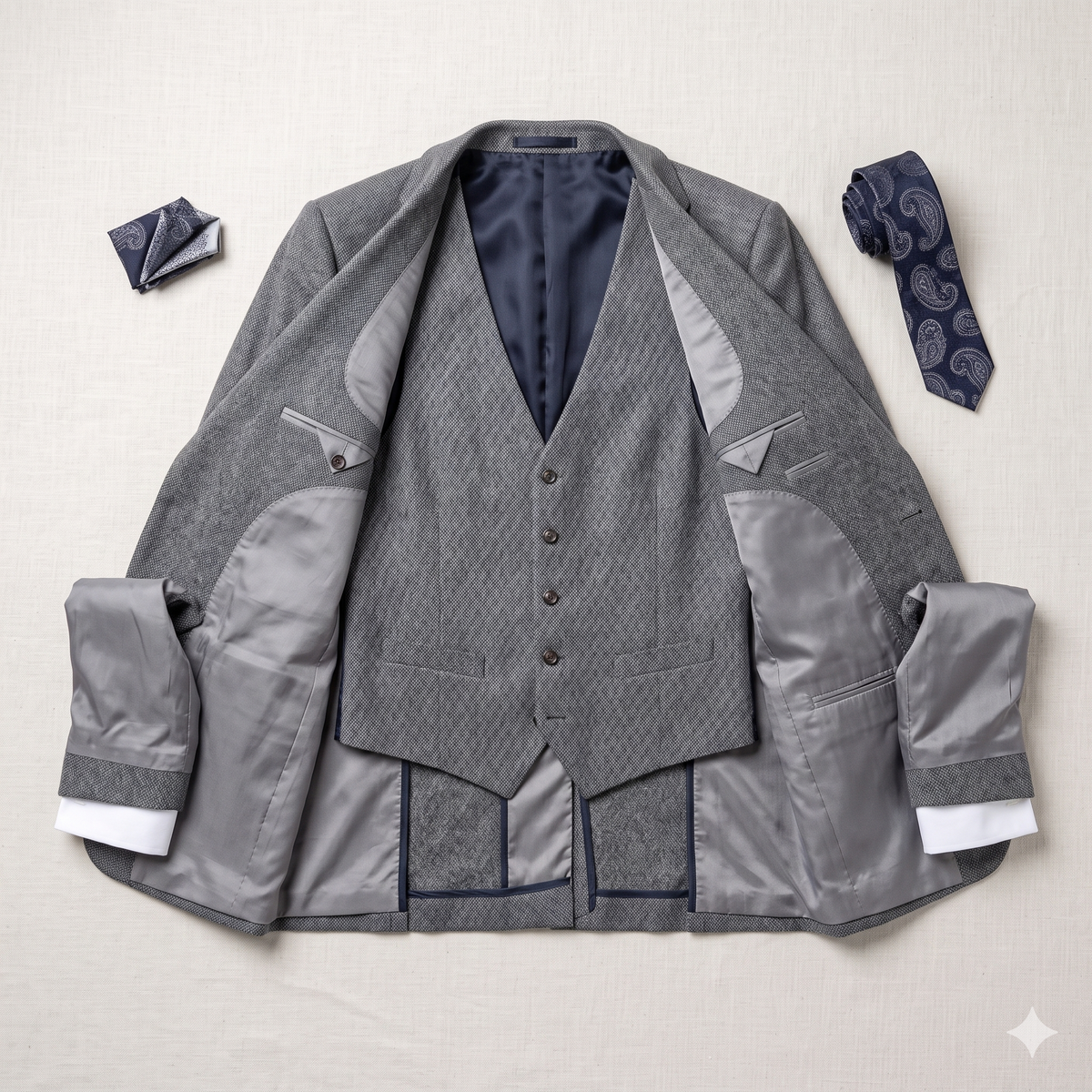 Gray suit jacket, vest, and tie on a light gray background