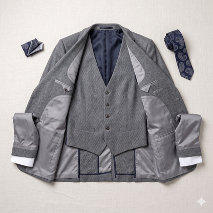 Gray suit jacket, vest, and tie on a light gray background
