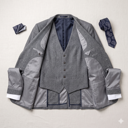 Gray suit jacket, vest, and tie on a light gray background