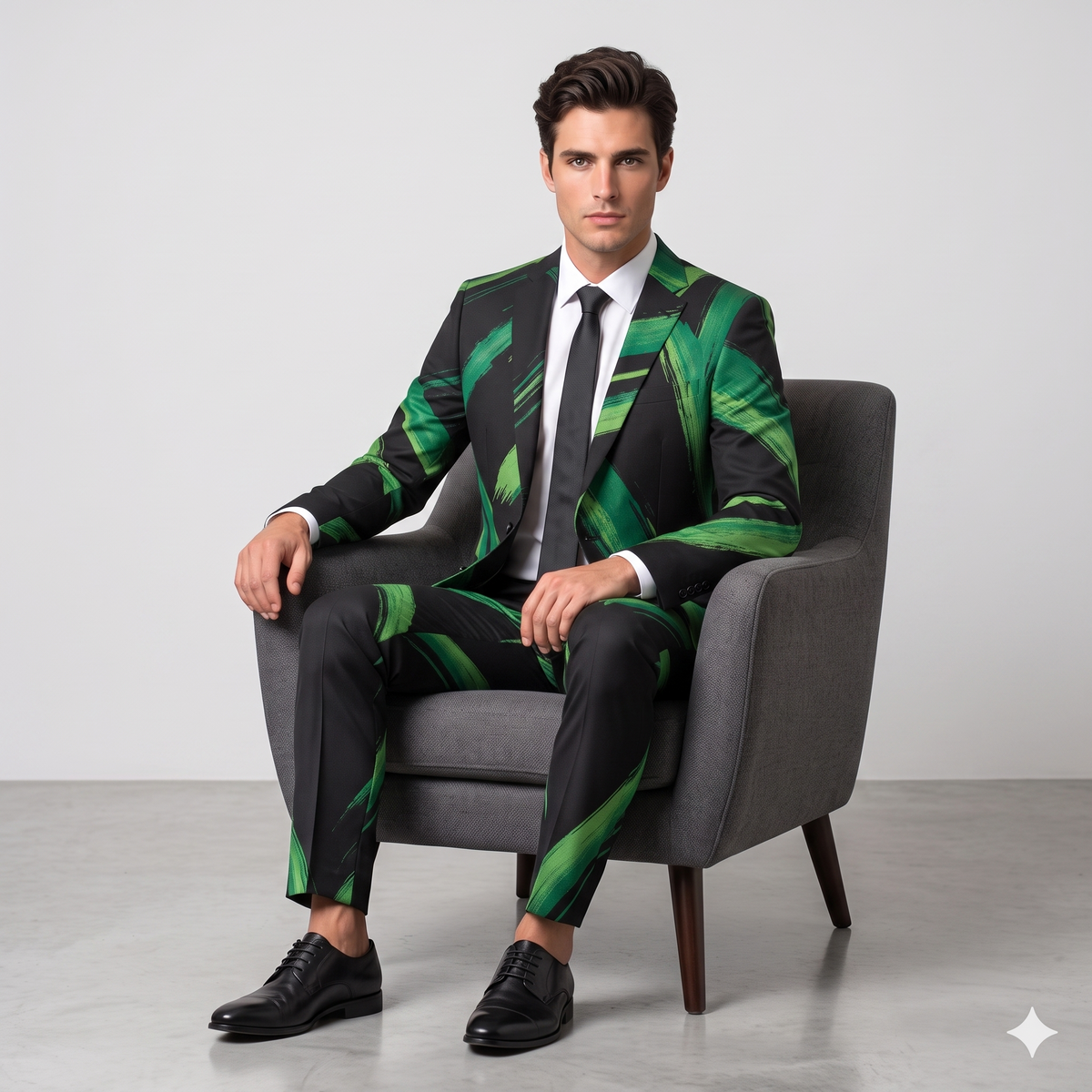 Man sitting in a chair wearing a black and green patterned suit with a white shirt and black tie.