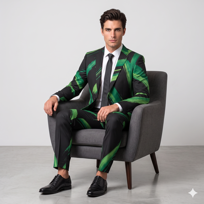 Man sitting in a chair wearing a black and green patterned suit with a white shirt and black tie.