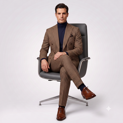 A man wearing a brown checkered double-breasted suit, navy blue turtleneck, and brown leather dress shoes, sitting on a modern gray swivel chair against a light gray studio background.