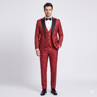 Man wearing a red suit with black lapels and bow tie on a white background
