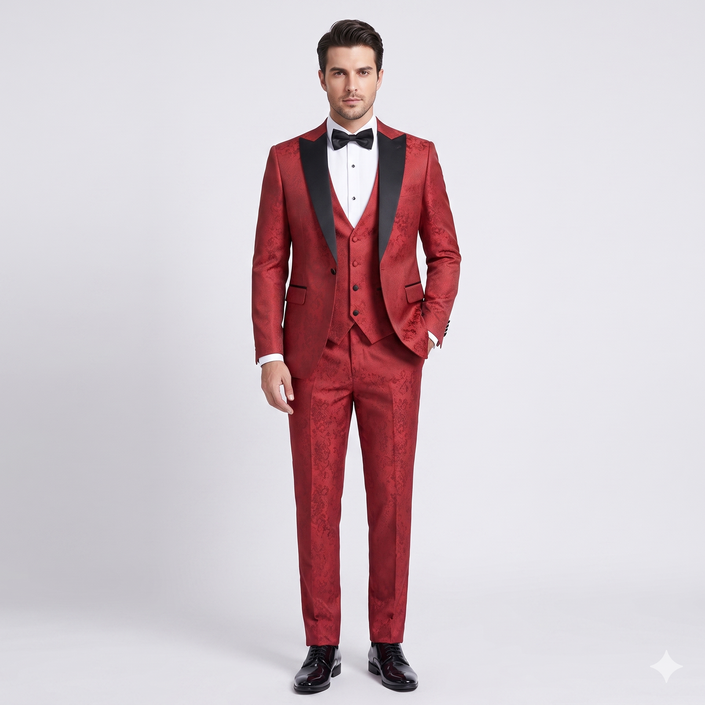 Man wearing a red suit with black lapels and bow tie on a white background