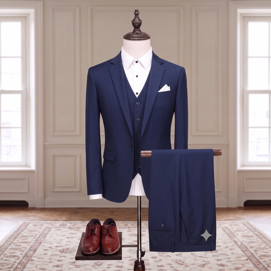 blue suit jacket and vest on a light gray background