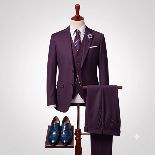 A men's three-piece suit displayed on a dress form, featuring a dark purple jacket, matching vest and trousers, a white shirt, a striped tie, and blue dress shoes on a stand against a light gray background.