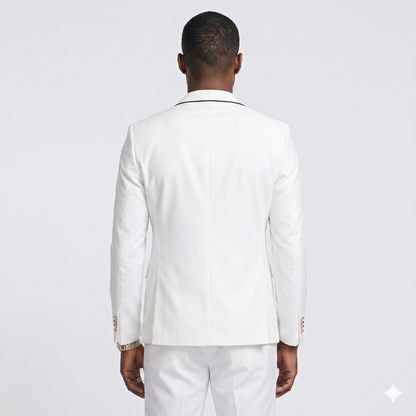 Man wearing a white suit on a light gray background