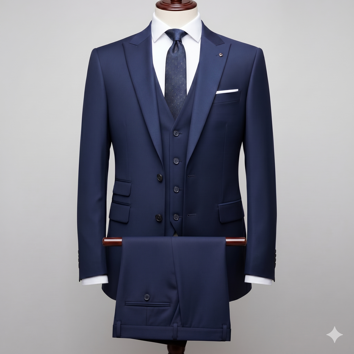 Navy blue suit with white shirt and tie on a gray background