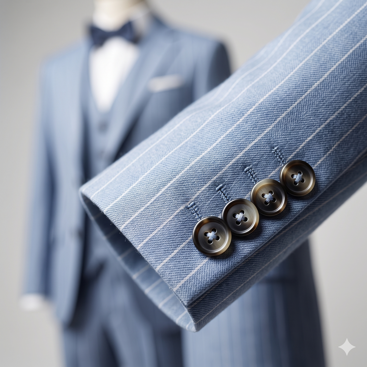Close-up of a light blue pinstripe suit with buttons on a mannequin against a neutral background.