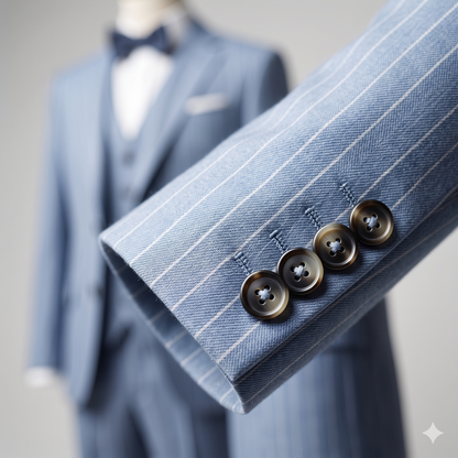 Close-up of a light blue pinstripe suit with buttons on a mannequin against a neutral background.