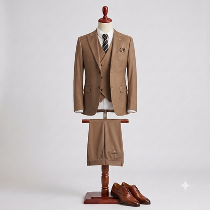 A three-piece brown suit displayed on a wooden mannequin torso, styled with a white dress shirt, striped tie, pocket square, and matching trousers hanging below the jacket. A pair of brown leather oxford shoes rests on the stand against a clean light gray studio background.