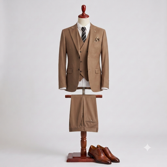 A three-piece brown suit displayed on a wooden mannequin torso, styled with a white dress shirt, striped tie, pocket square, and matching trousers hanging below the jacket. A pair of brown leather oxford shoes rests on the stand against a clean light gray studio background.