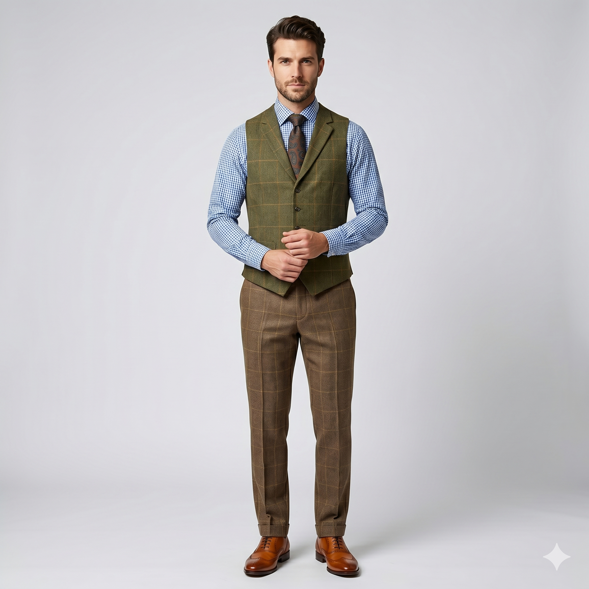 Man wearing a green vest and brown checkered pants on a white background
