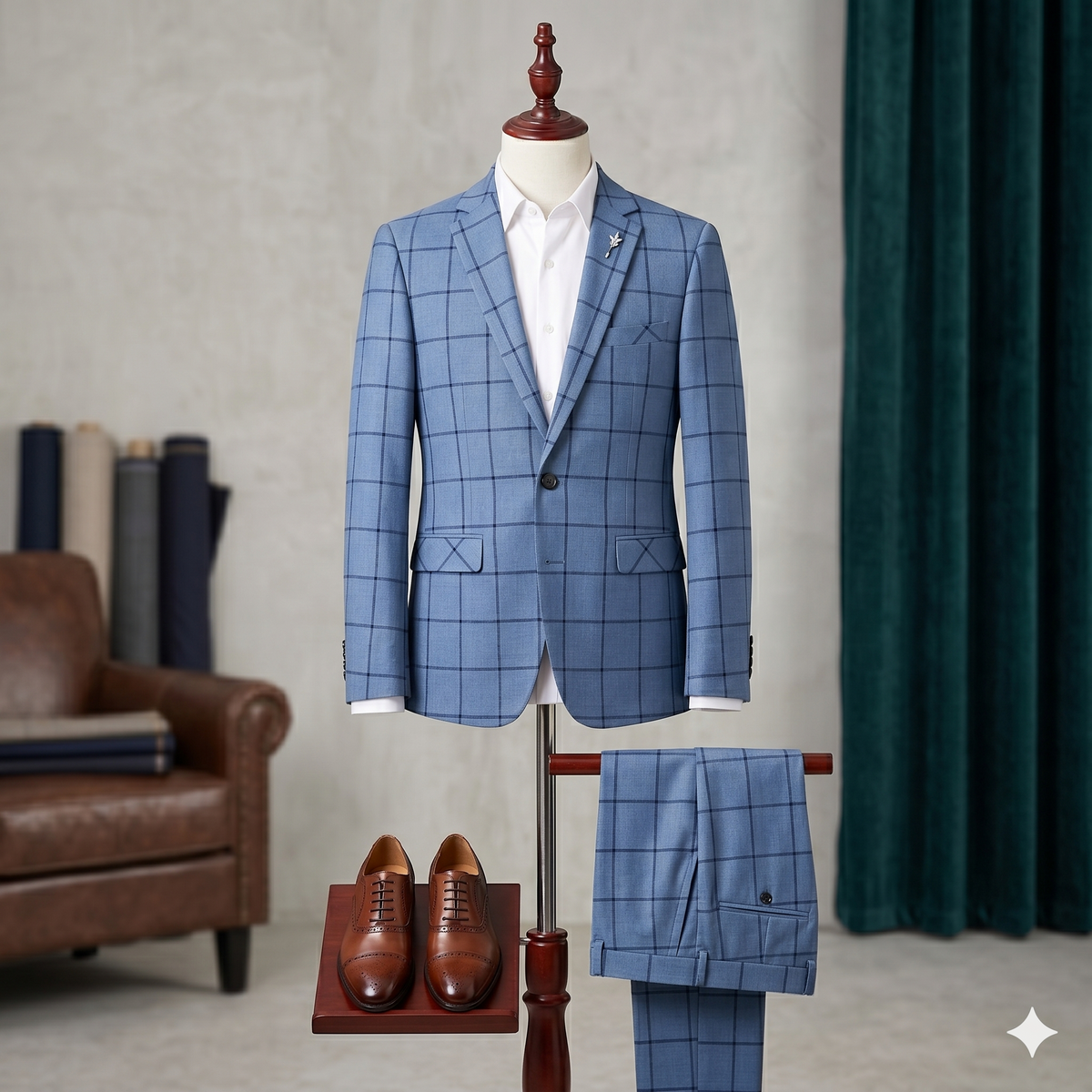 Blue checkered suit on a mannequin with brown shoes in a room setting.