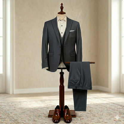 Gray suit on a mannequin with a white shirt and brown shoes in a room with beige walls.
