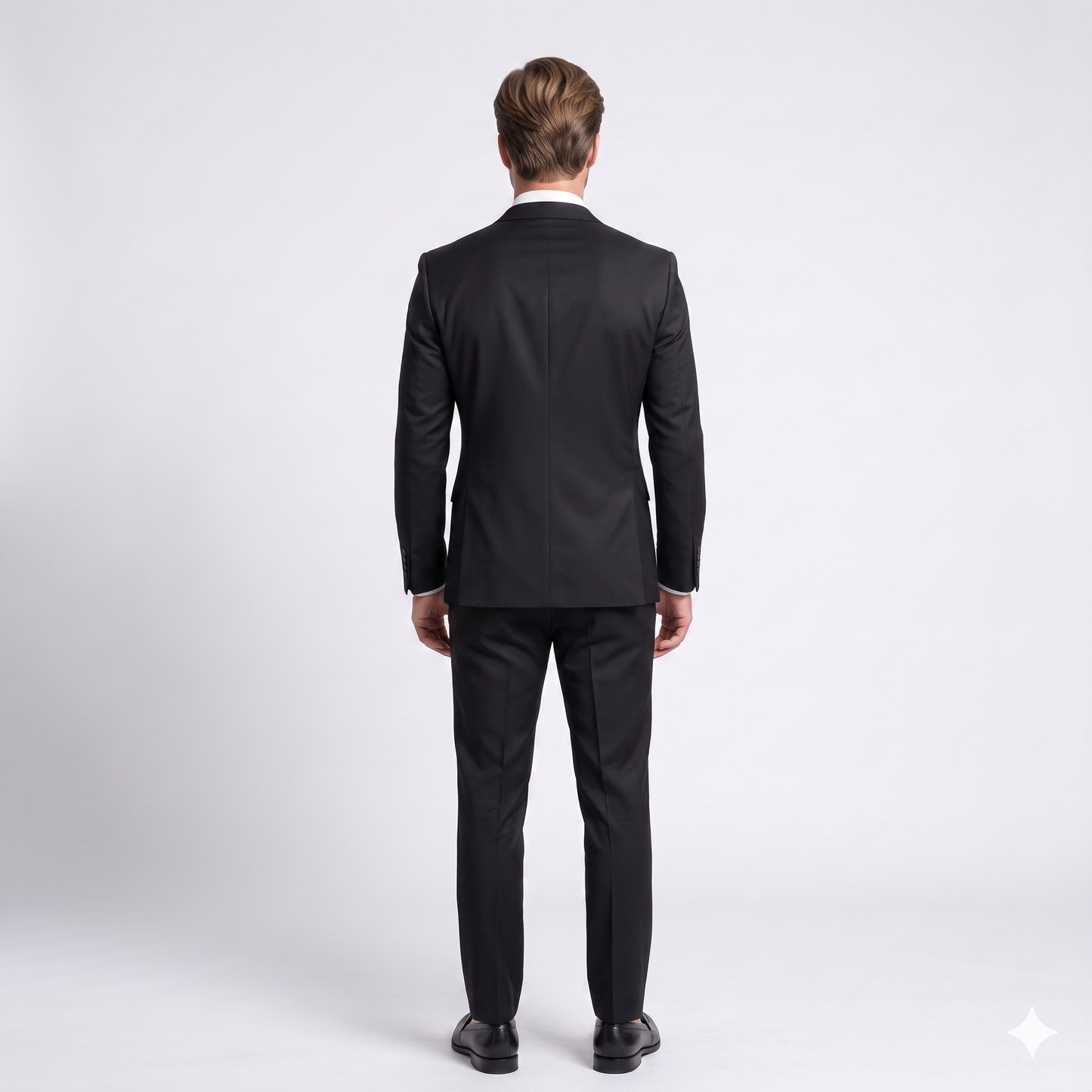 Man wearing a black suit on a white background