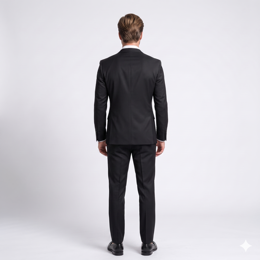 Man wearing a black suit on a white background