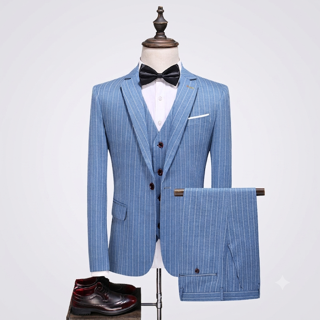 Blue pinstripe suit on a mannequin with a white background