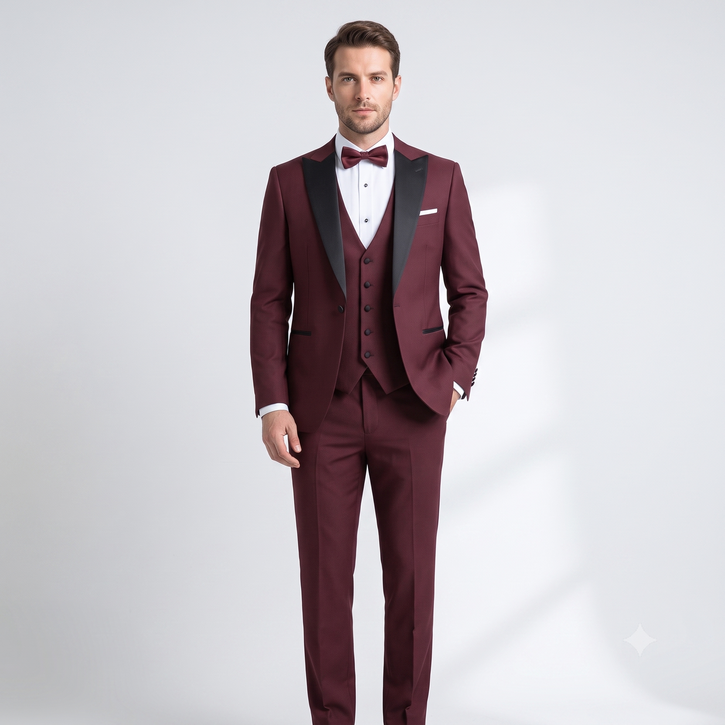 Man wearing a burgundy suit with a white shirt and bow tie on a light gray background