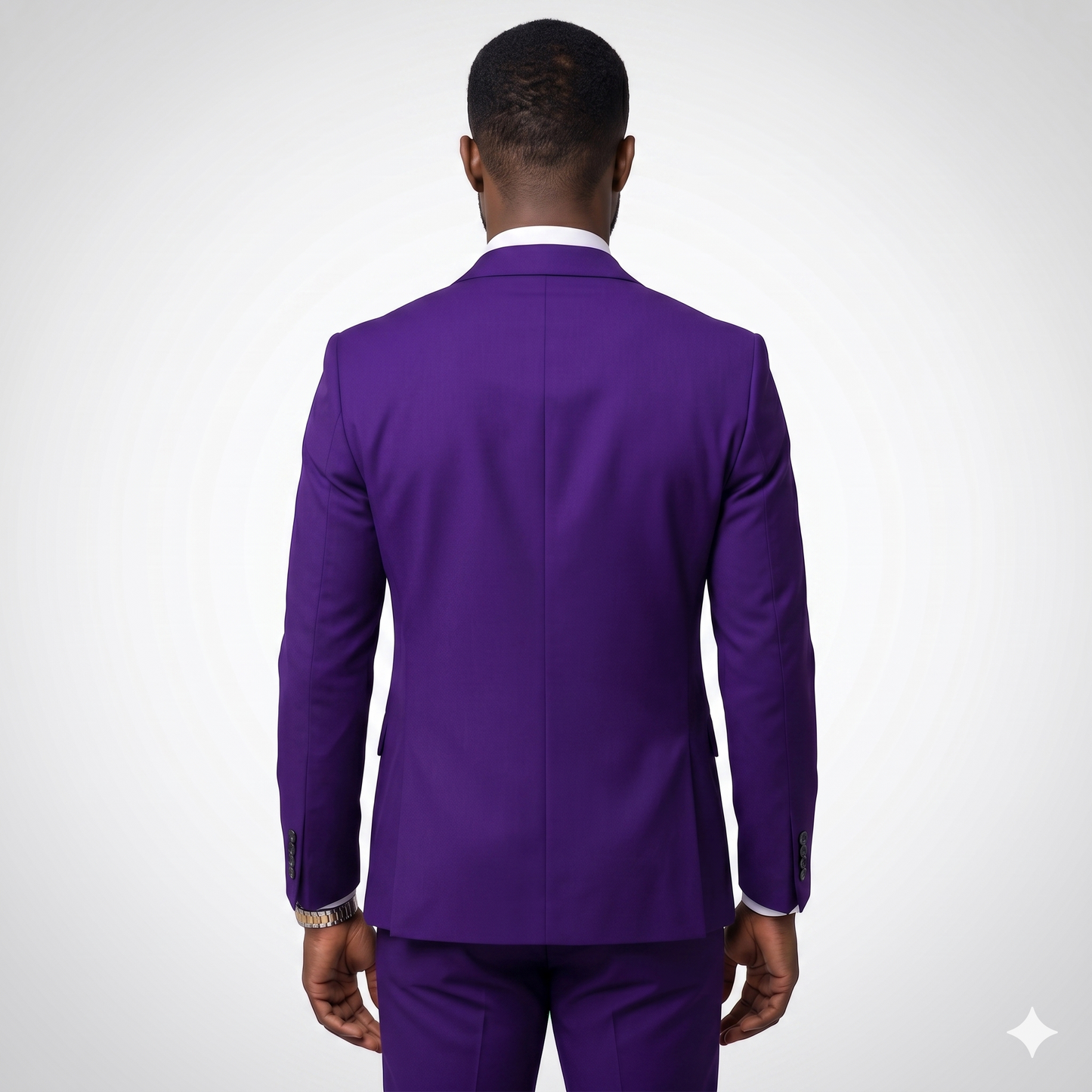 Purple suit jacket worn by a person on a white background