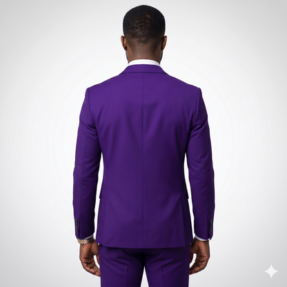Purple suit jacket worn by a person on a white background