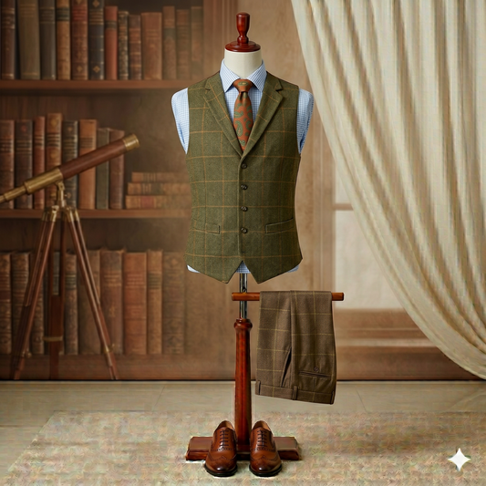 Mannequin wearing a green checkered vest and brown pants with a bookshelf and telescope in the background.