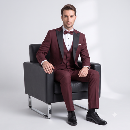 Man in a burgundy suit sitting on a black chair against a white background