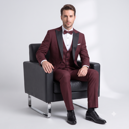 Man in a burgundy suit sitting on a black chair against a white background