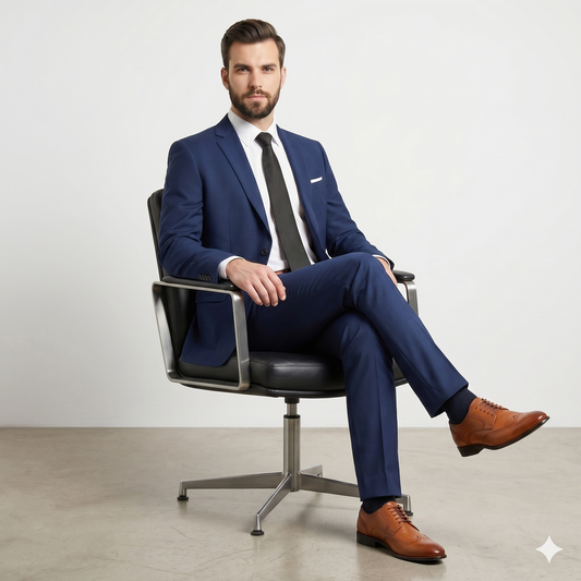 Man wearing a blue suit standing against a white background