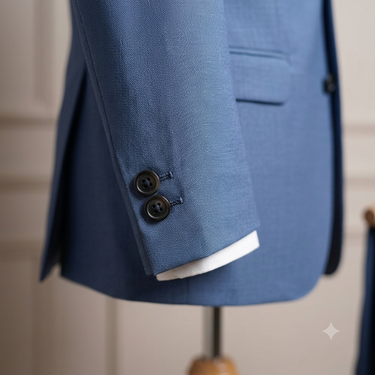 Close-up of a blue tailored blazer on a mannequin, showing the sleeve with two dark buttons and a white shirt cuff peeking out, against a soft beige paneled background.