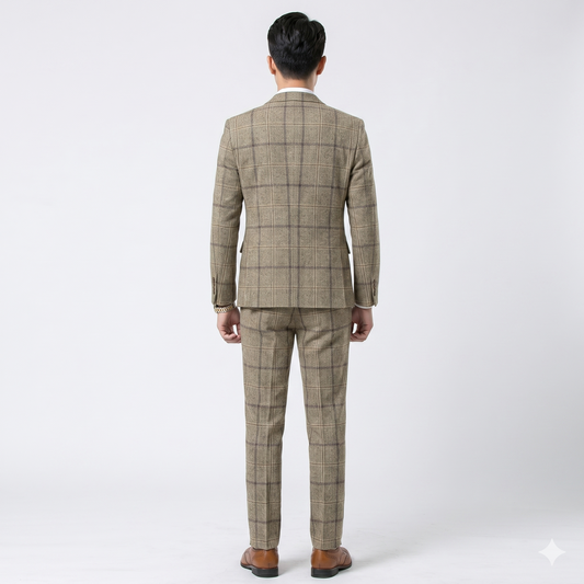 Man wearing a checkered suit on a white background