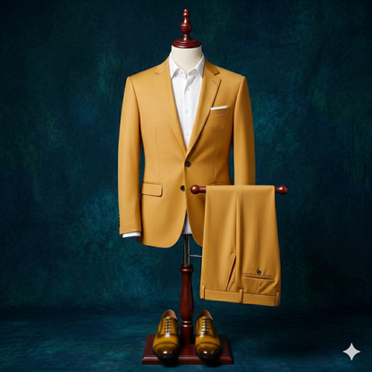 Tan suit on a mannequin with a dark blue background
