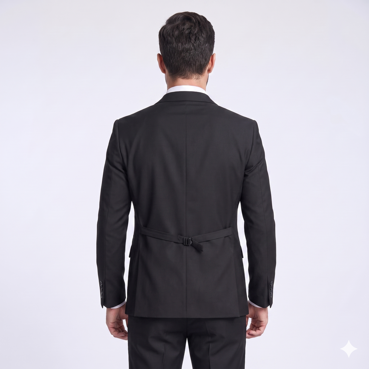 Man wearing a black suit jacket on a white background