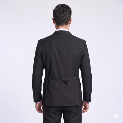 Man wearing a black suit jacket on a white background