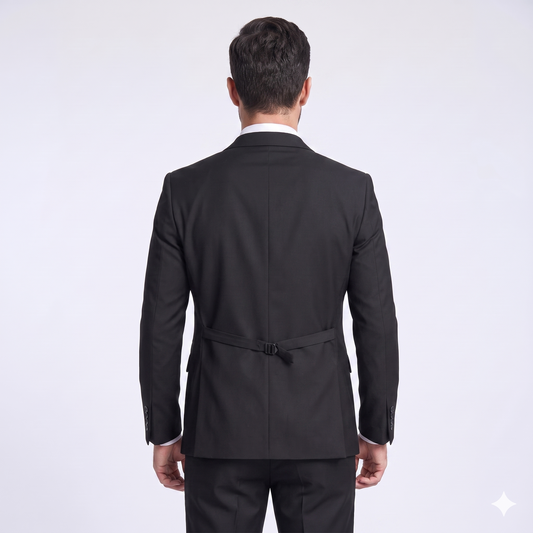 Man wearing a black suit jacket on a white background