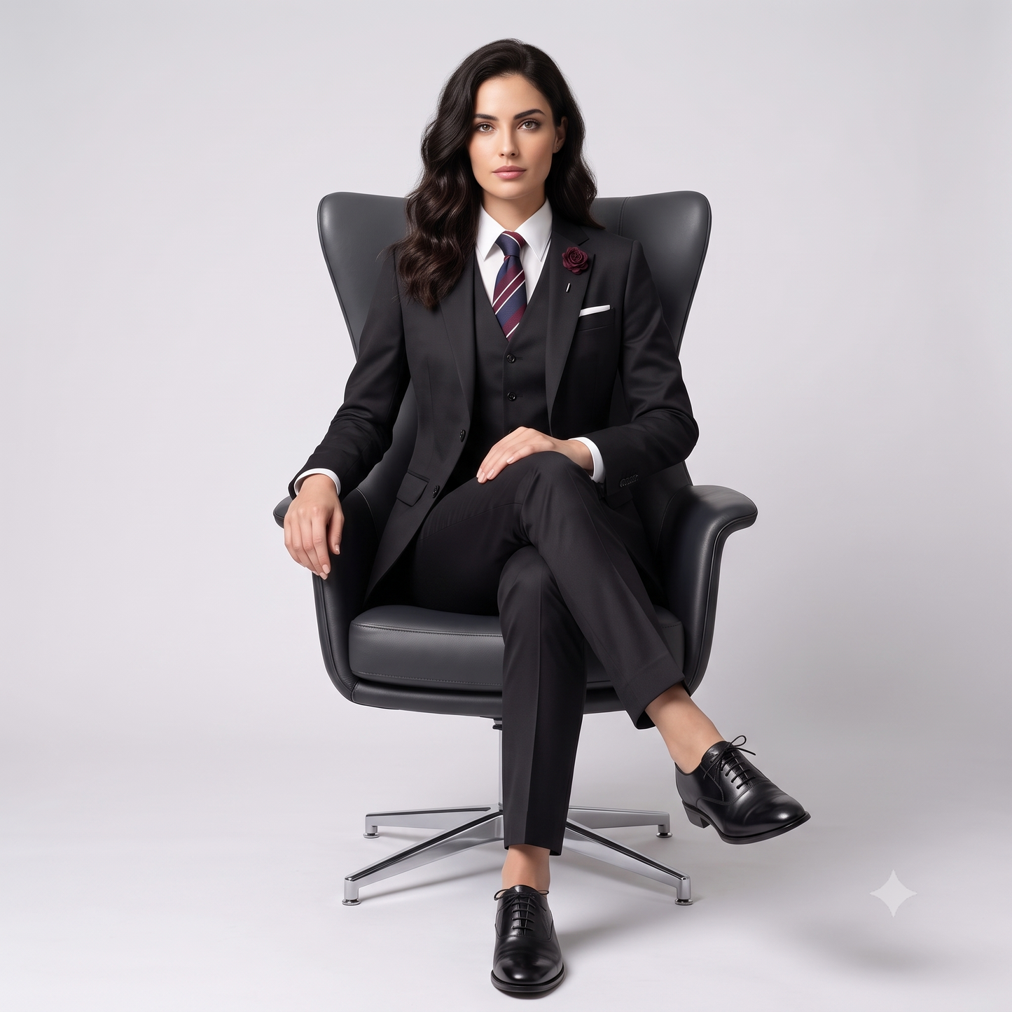 A woman wearing a dark charcoal gray three-piece suit, white dress shirt, striped tie, and black dress shoes, sitting in a black leather swivel armchair against a light gray studio background.
