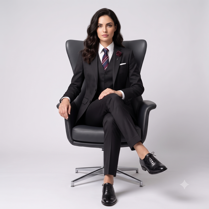 A woman wearing a dark charcoal gray three-piece suit, white dress shirt, striped tie, and black dress shoes, sitting in a black leather swivel armchair against a light gray studio background.