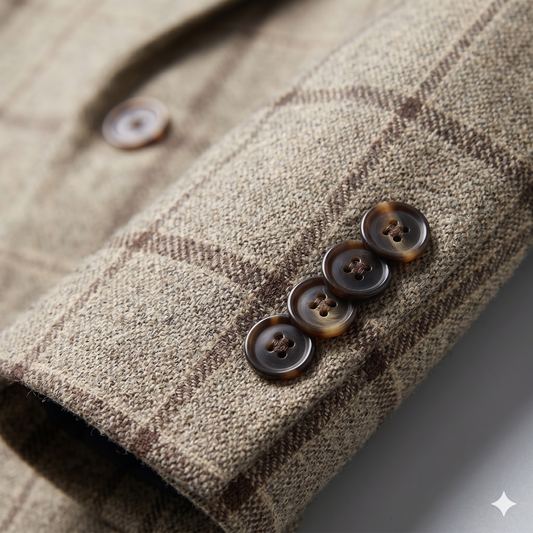 Close-up of a brown plaid coat with buttons on a neutral background