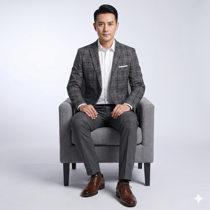 Man in a gray suit sitting on a gray chair against a white background