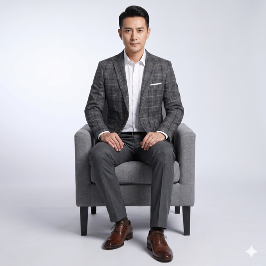 Man in a gray suit sitting on a gray chair against a white background