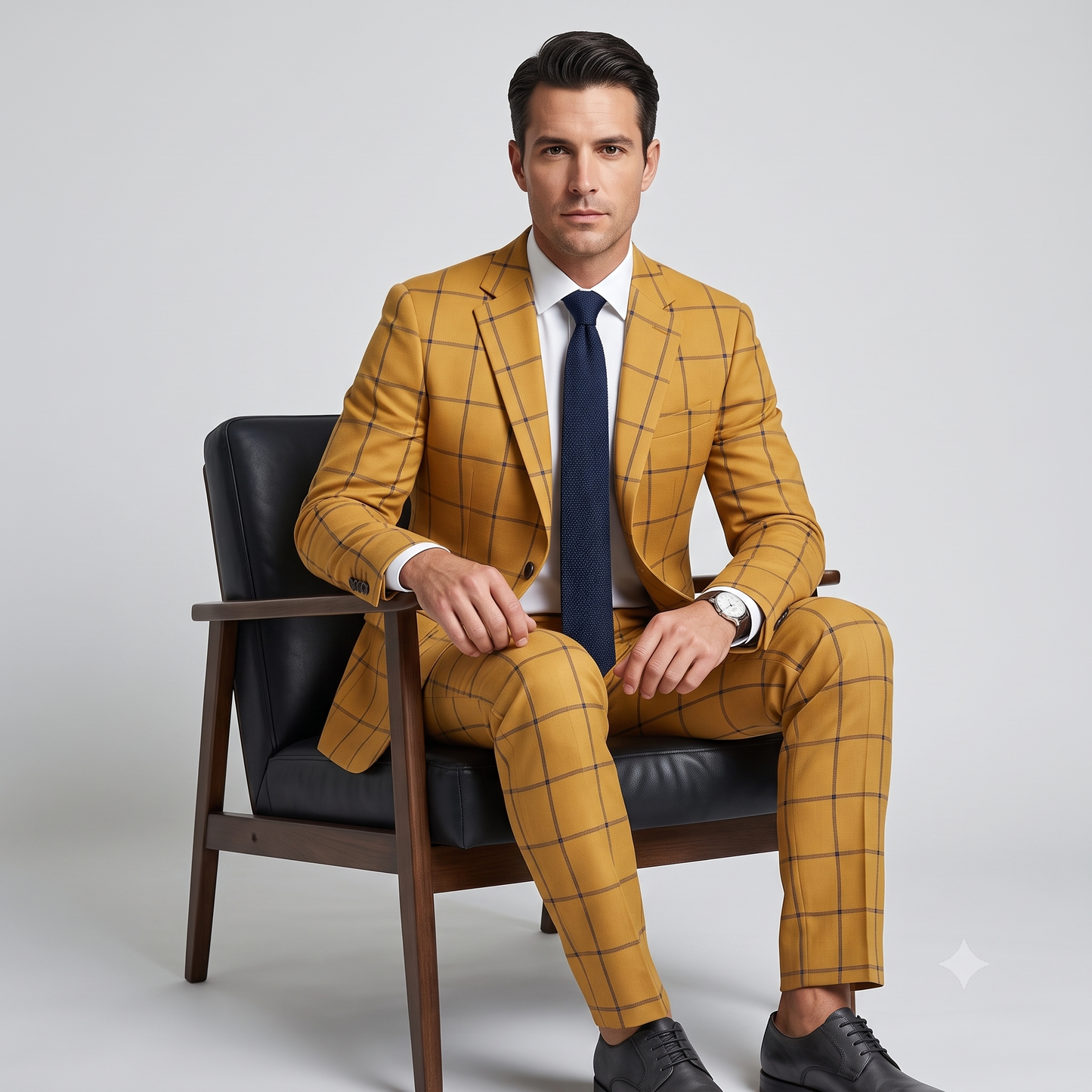 Man in a mustard yellow checkered suit sitting on a black chair against a light gray background