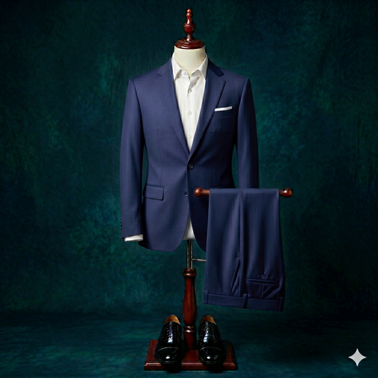 Blue suit on a mannequin with a white shirt and black shoes against a dark green background